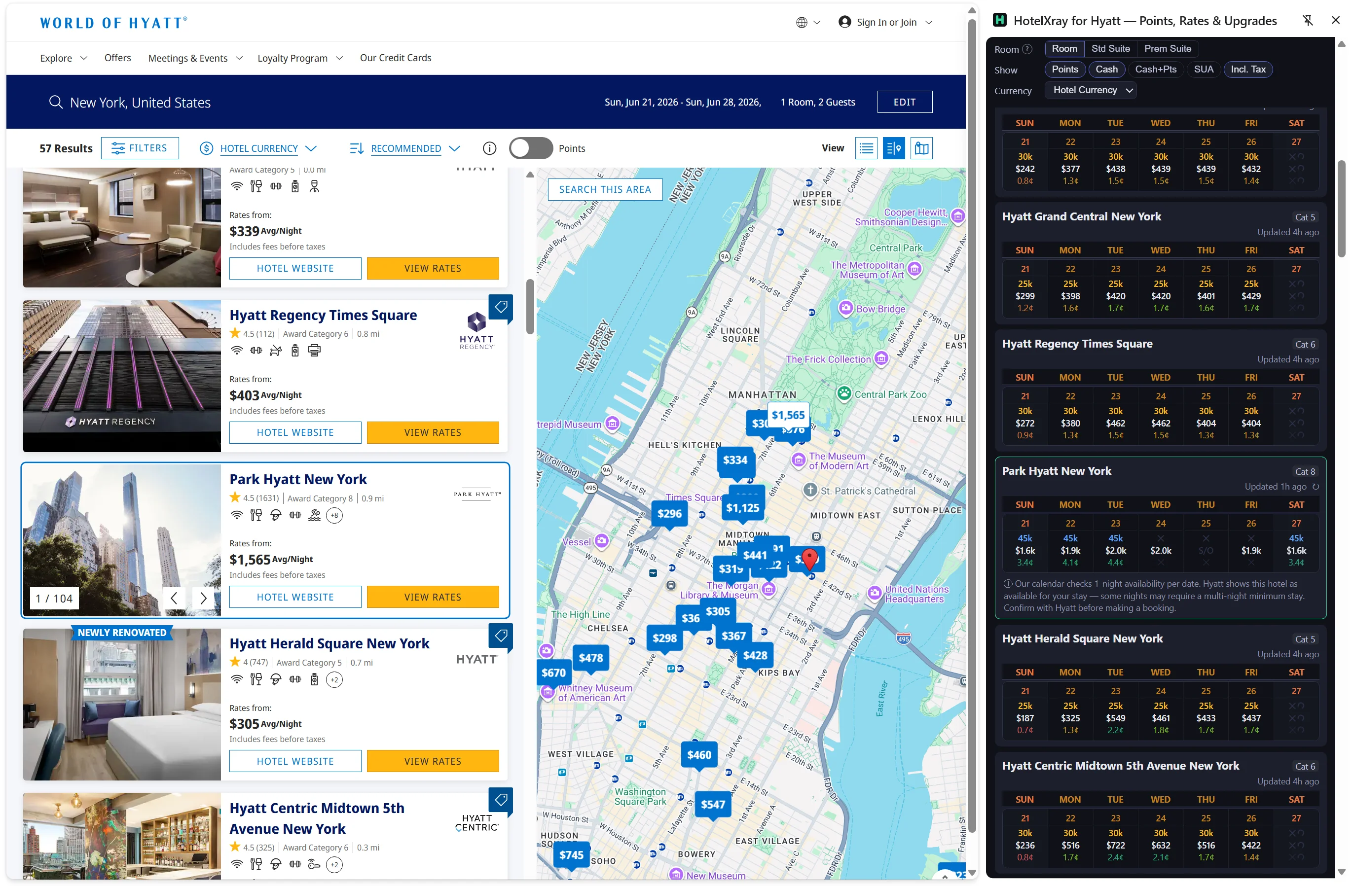 HotelXray side panel open on the Hyatt search results page for New York, showing award rates and cash prices for multiple hotels